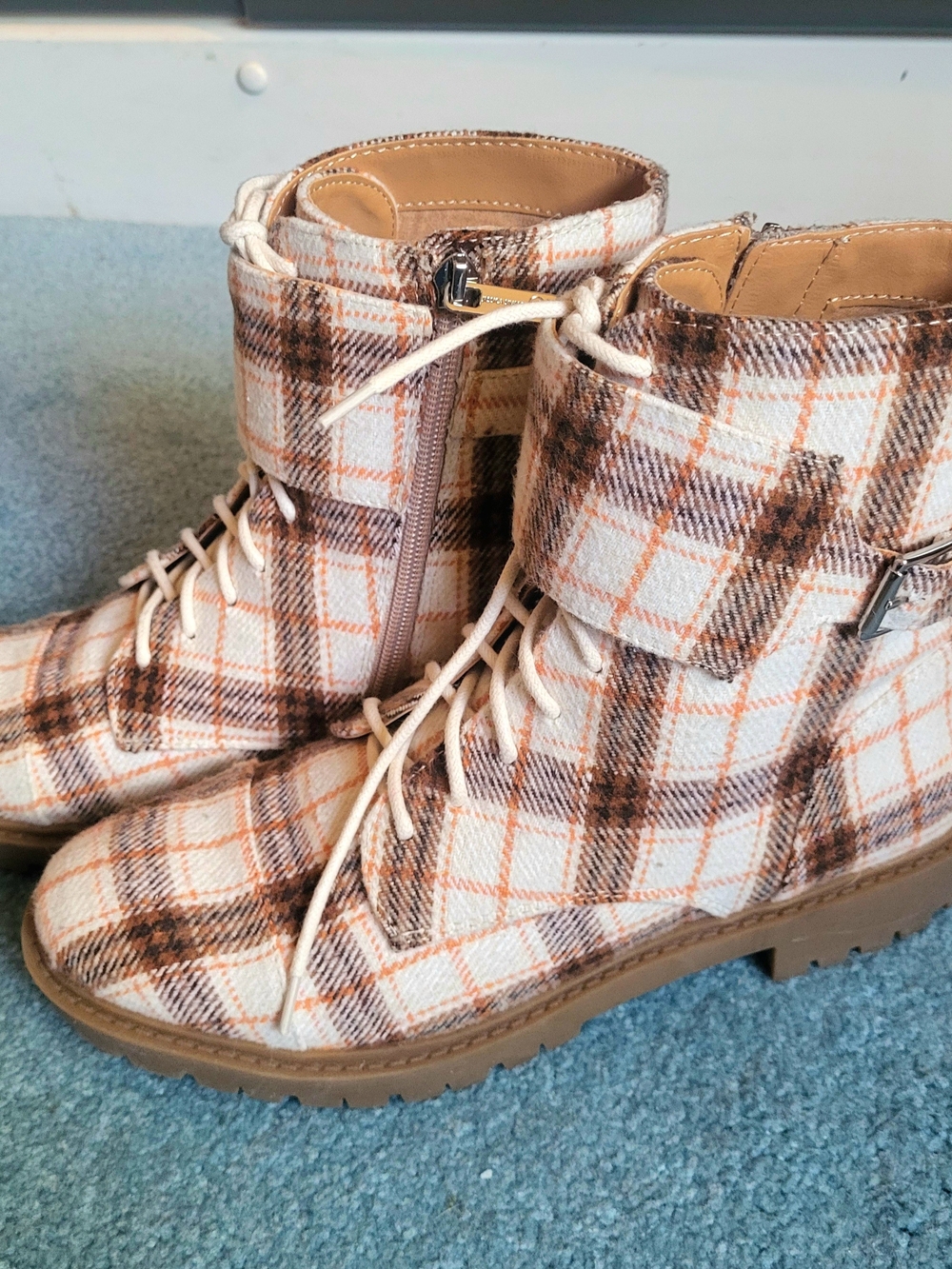 Jessica Simpson Plaid Lace-Up Ankle Boots in Cream, Orange, and Brown
